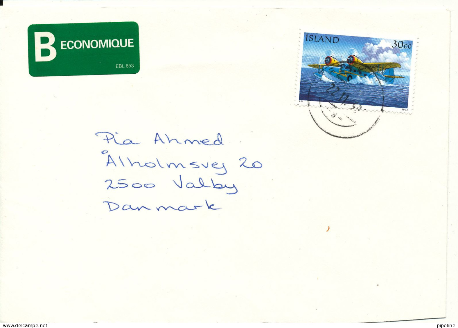 Iceland Cover Sent To Denmark 1993 Single Franked - Covers & Documents