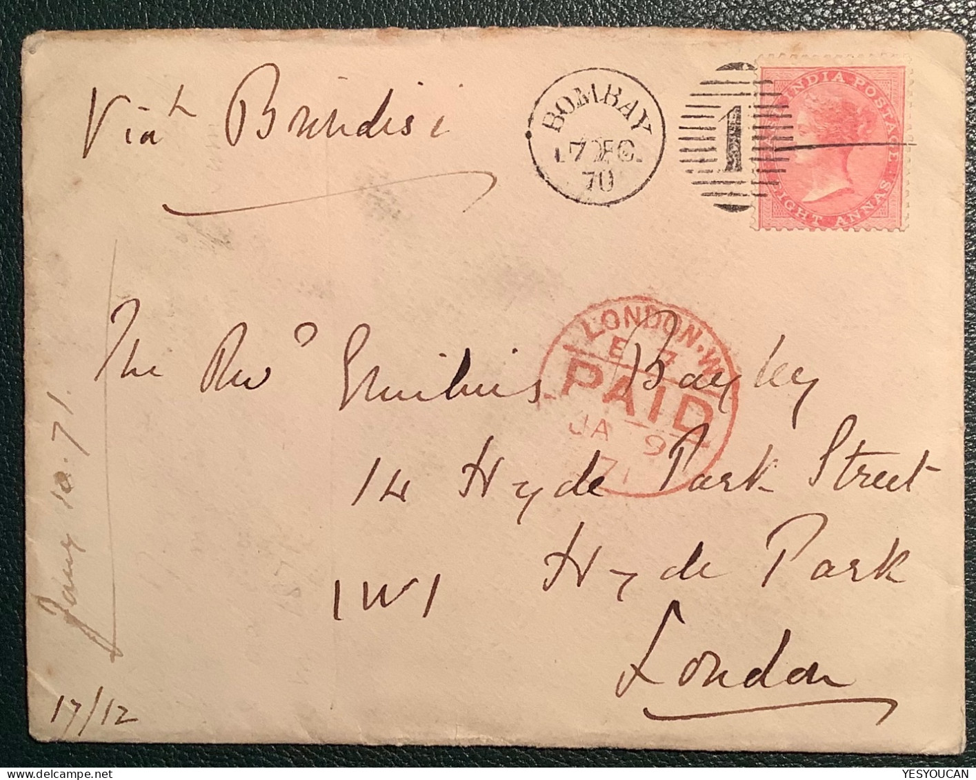 Superb BOMBAY 1870+"1" On Queen Victoria 8 Annas Cover>London, Great Britain Via Brindisi, Italy  (Hyde Park Inde Lettre - 1858-79 Kronenkolonie