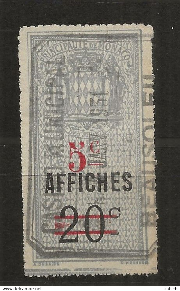 TIMBRES FISCAUX DE MONACO AFFICHES  N°6  5 C Sur 20 C Bleu  Oblitéré - Fiscales