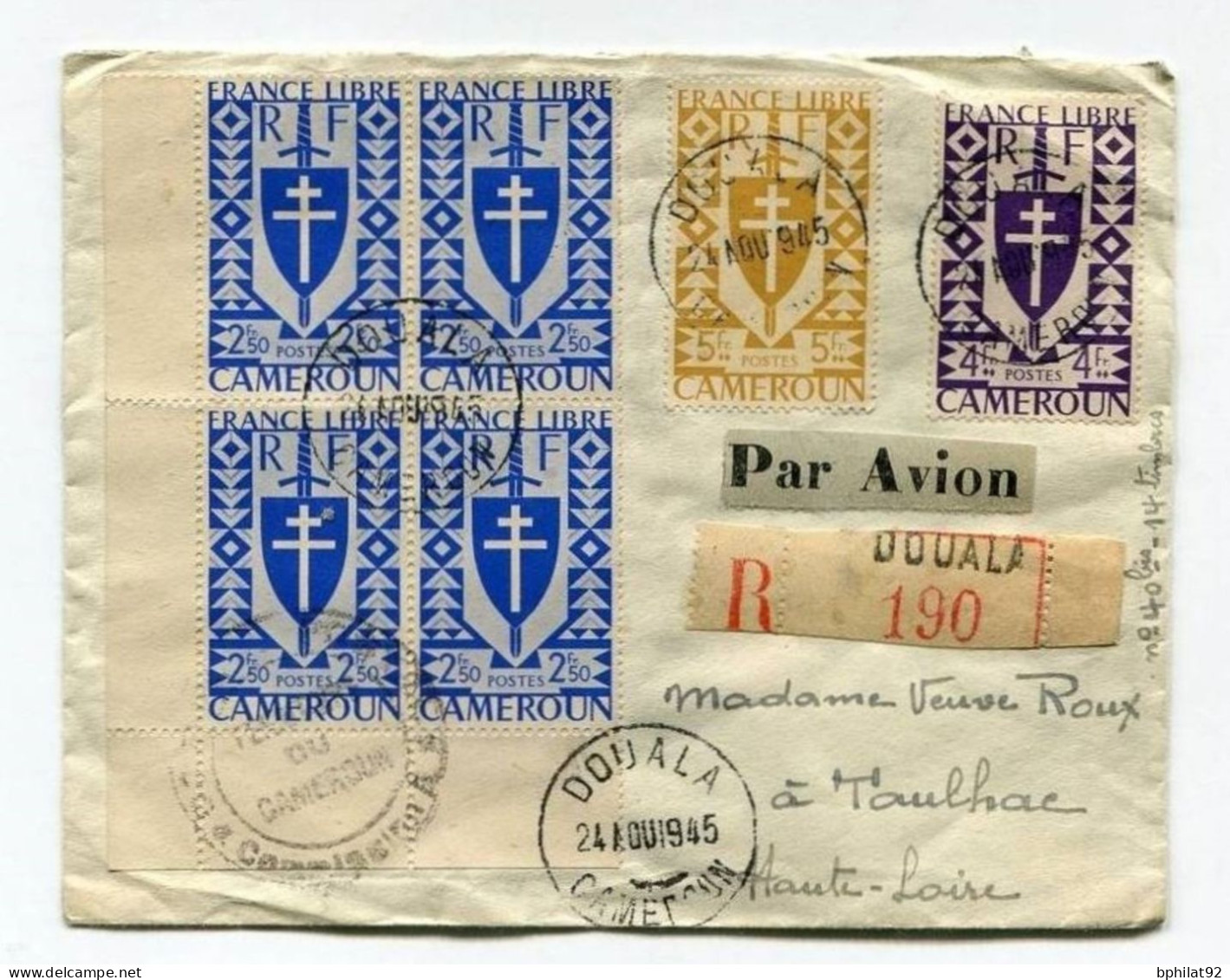 !!! LETTRE RECOMMANDEE PAR AVION DE DOUALA 1945 BEL AFFRANCH RECTO - VERSO - Cartas & Documentos