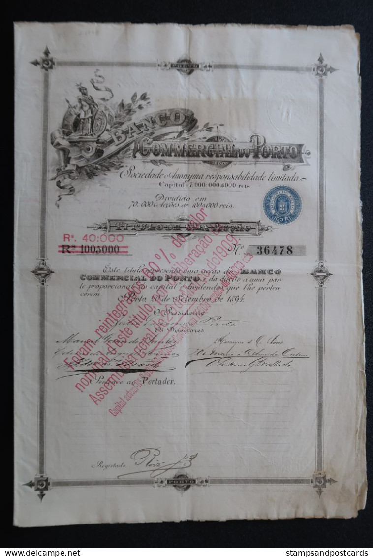 Portugal Action Banque Banco Commercial Do Porto 1894 Timbres Fiscaux Stock Certificate Oporto Bank With Revenue Stamps - Banque & Assurance