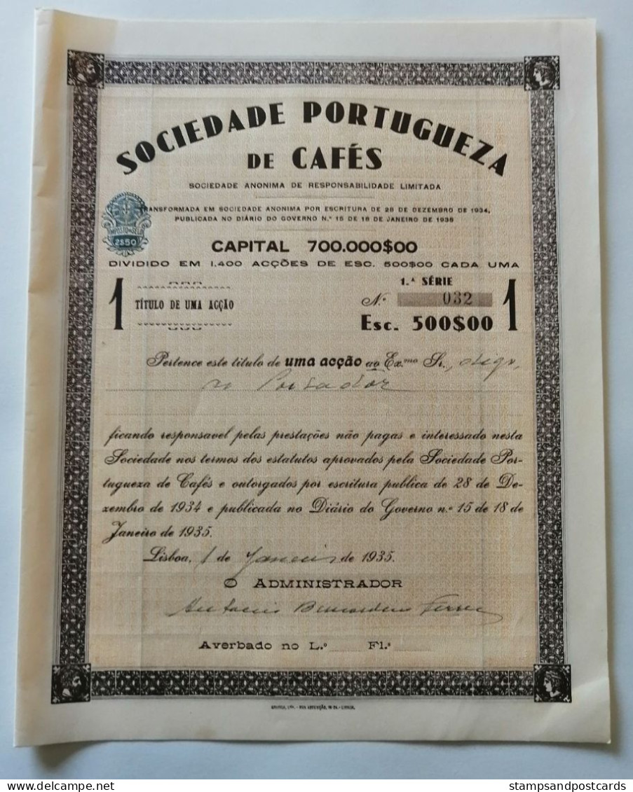 Portugal Titre 1 Action Sociedade Portuguesa De Cafés Café Timbre Fiscal 1935 Stock Certificate 1 Share Coffee Corp. - Agriculture