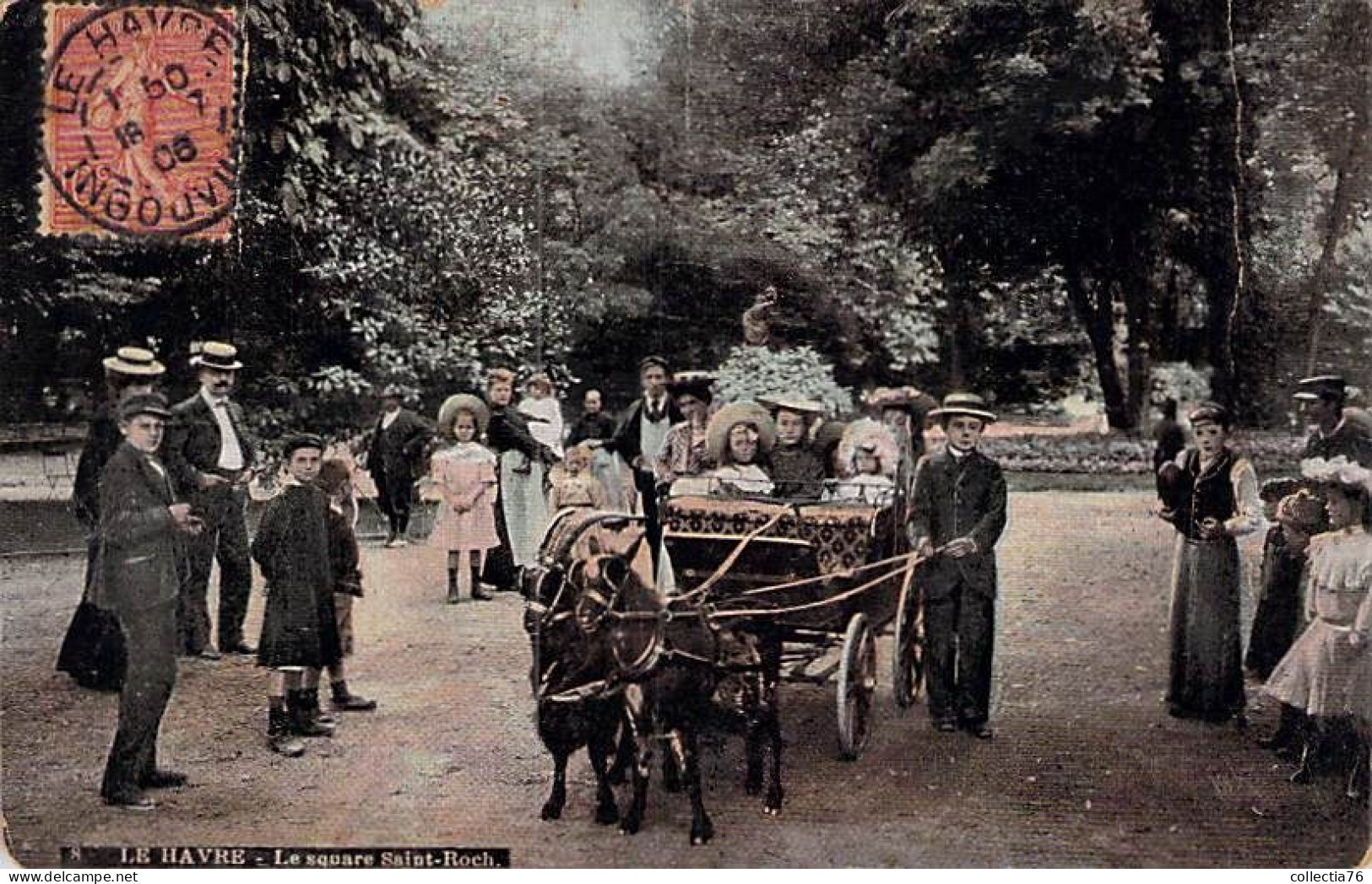 CPA FRANCE 76 SQUARE SAINT ROCH VOITURETTE ATTELAGE CHEVRES 1906 DOS DIVISE ECRIT - Saint-Roch (Plein)