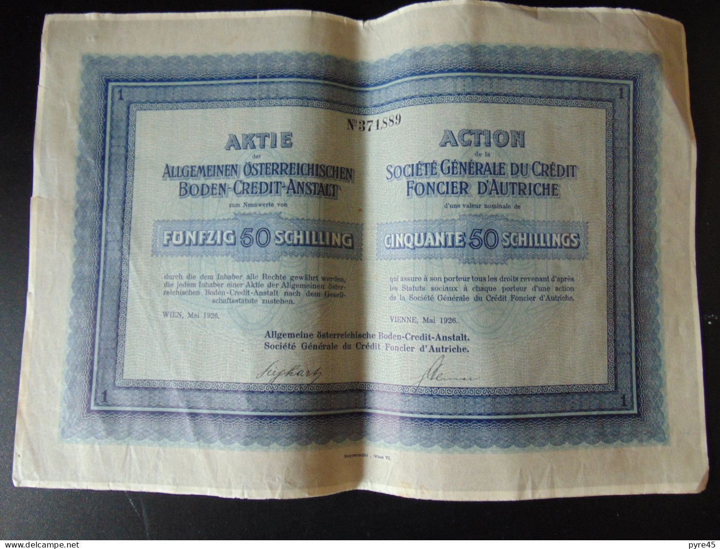 Action " Société Générale Du Crédit Foncier D'Autriche " 50 Schillings, 1926 - Banque & Assurance