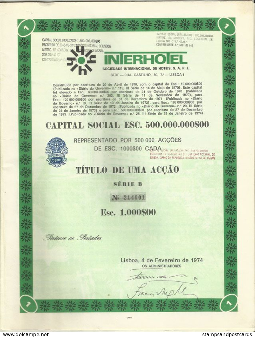 Portugal Action Titre 1 Action 1974 Interhotel Hotel Tourisme Stock Certificate Interhotel Tourism - Tourismus