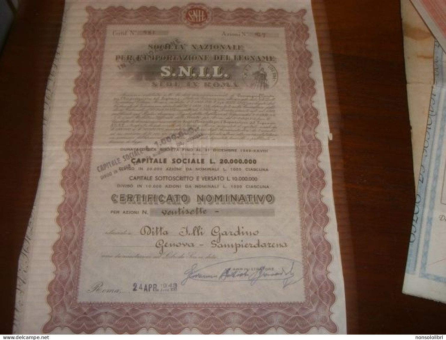 CERTIFICATO NOMINATIVO 1943 SOCIETA' IMPORTAZIONE DEL LEGNAME SNIL - Landbouw