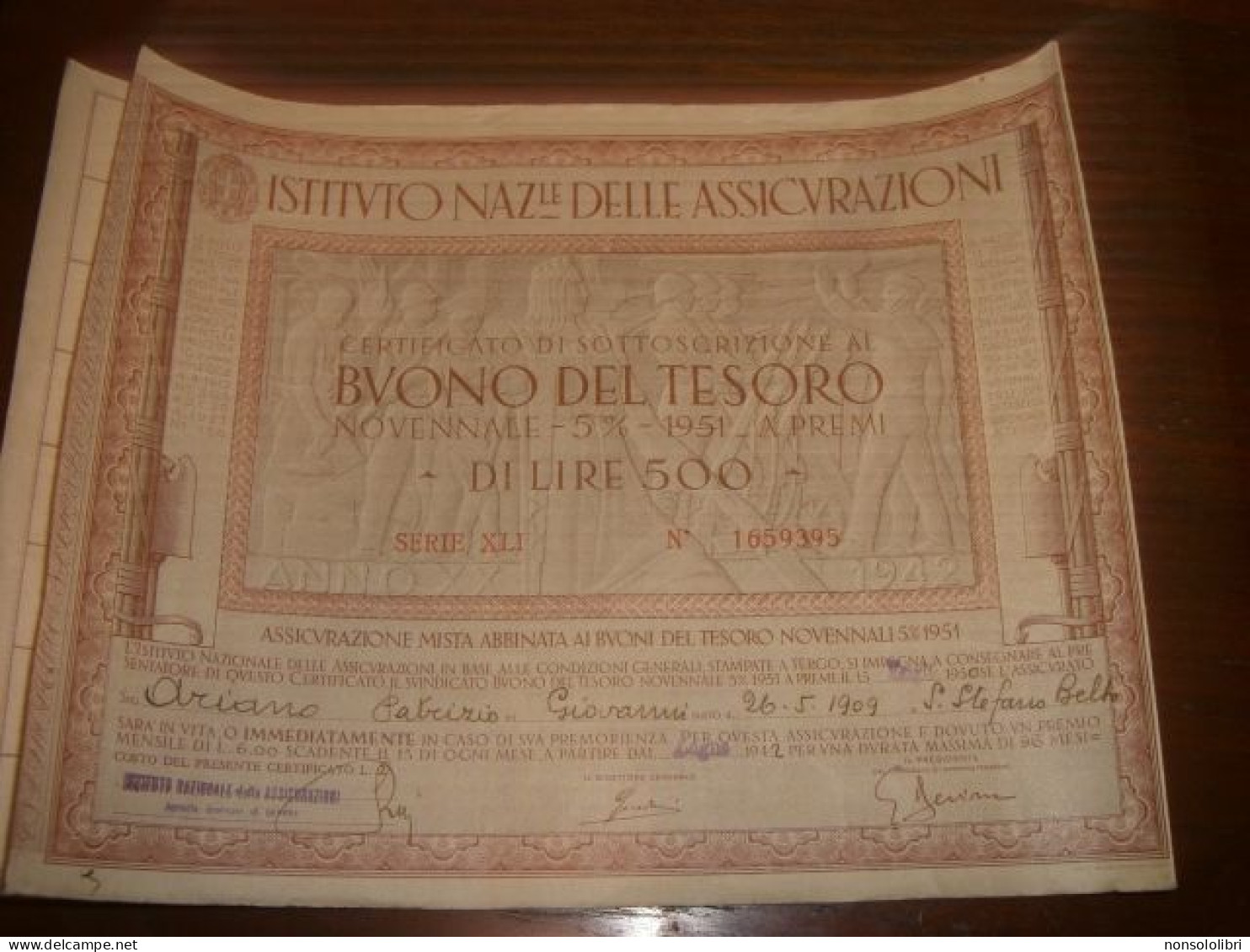 BUONO DEL TESORO NOVENNALE A PREMI ISTITUTO NAZIONALE DELLE ASSICURAZIONI 1951 - Banque & Assurance