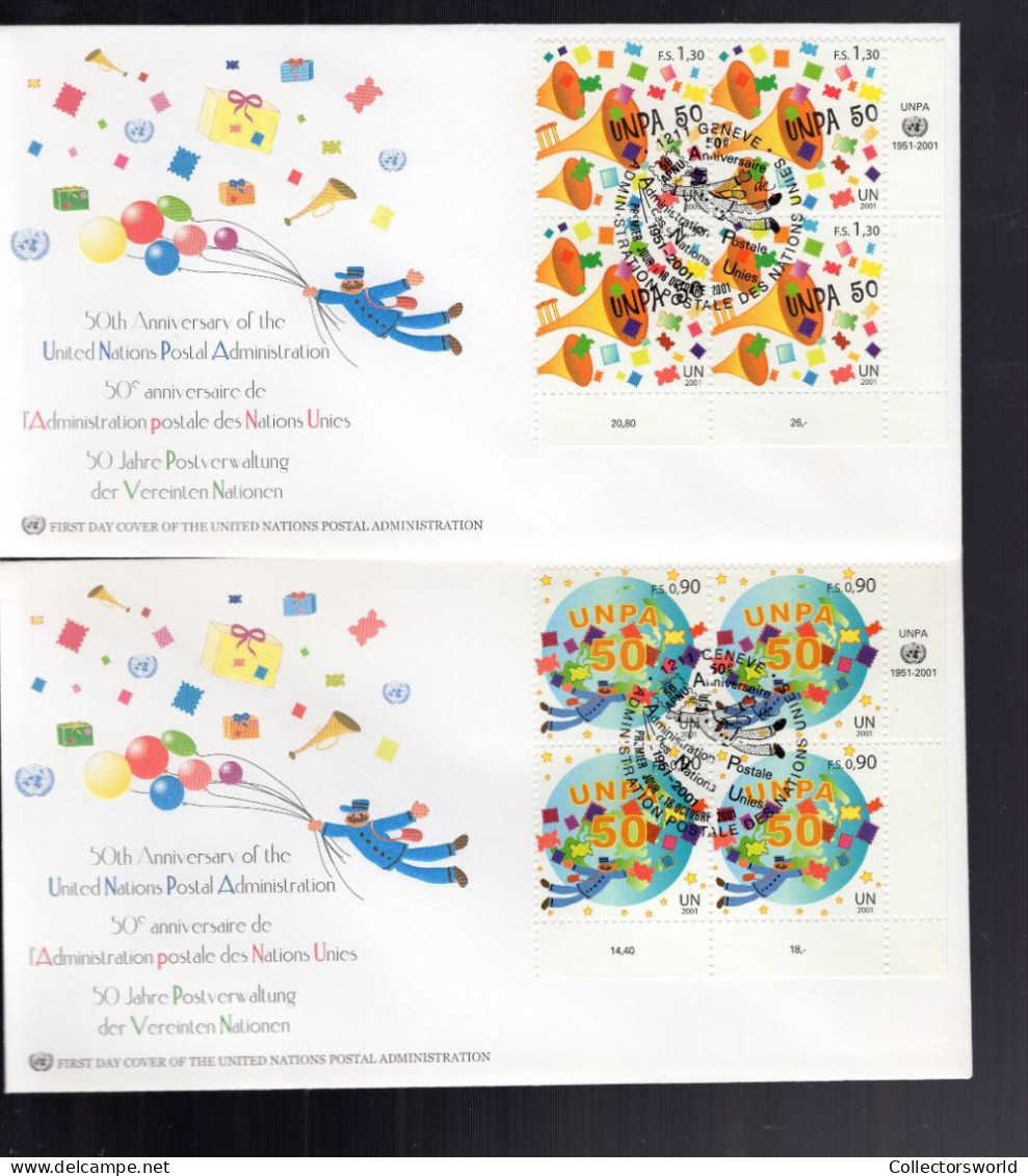 United Nations Geneva 2001 FDC Set With Block 50 Years UNPA United Nations Postal Administration - FDC