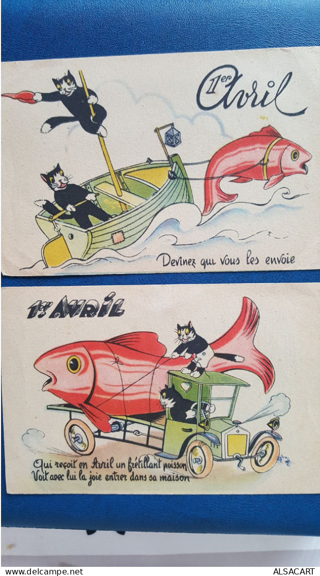 Premier Avril , Poisson  D'avril   , 2 Cartes Avec Chat Humanisé - 1er Avril - Poisson D'avril