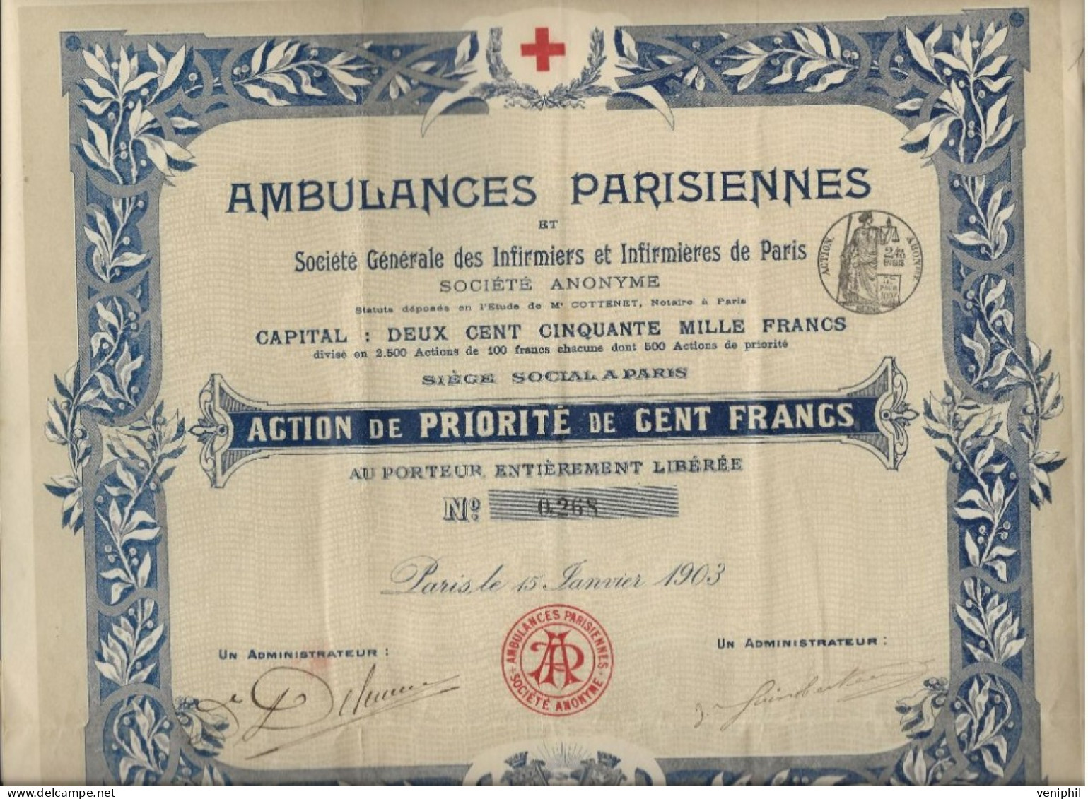 AMBULANCES PARISIENNE  ET SOCIETE GENERALE DES INFIRMIERS ET INFIRMIERES DE PARIS -500 ACTIONS DE PRIORITE 100 FRS -1903 - Altri & Non Classificati