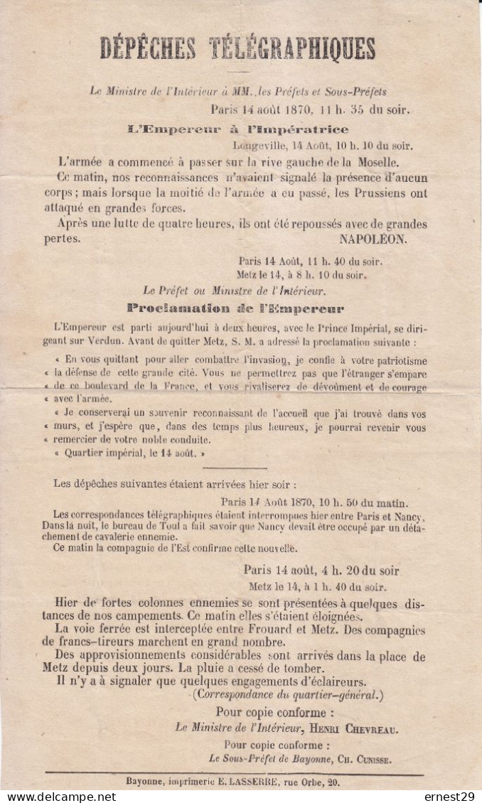 Guerre De 1870 Depeches Telegraphiques Du 14 Août 1870 Donnant Des Nouvelles De L'Empereur - Télégraphes Et Téléphones