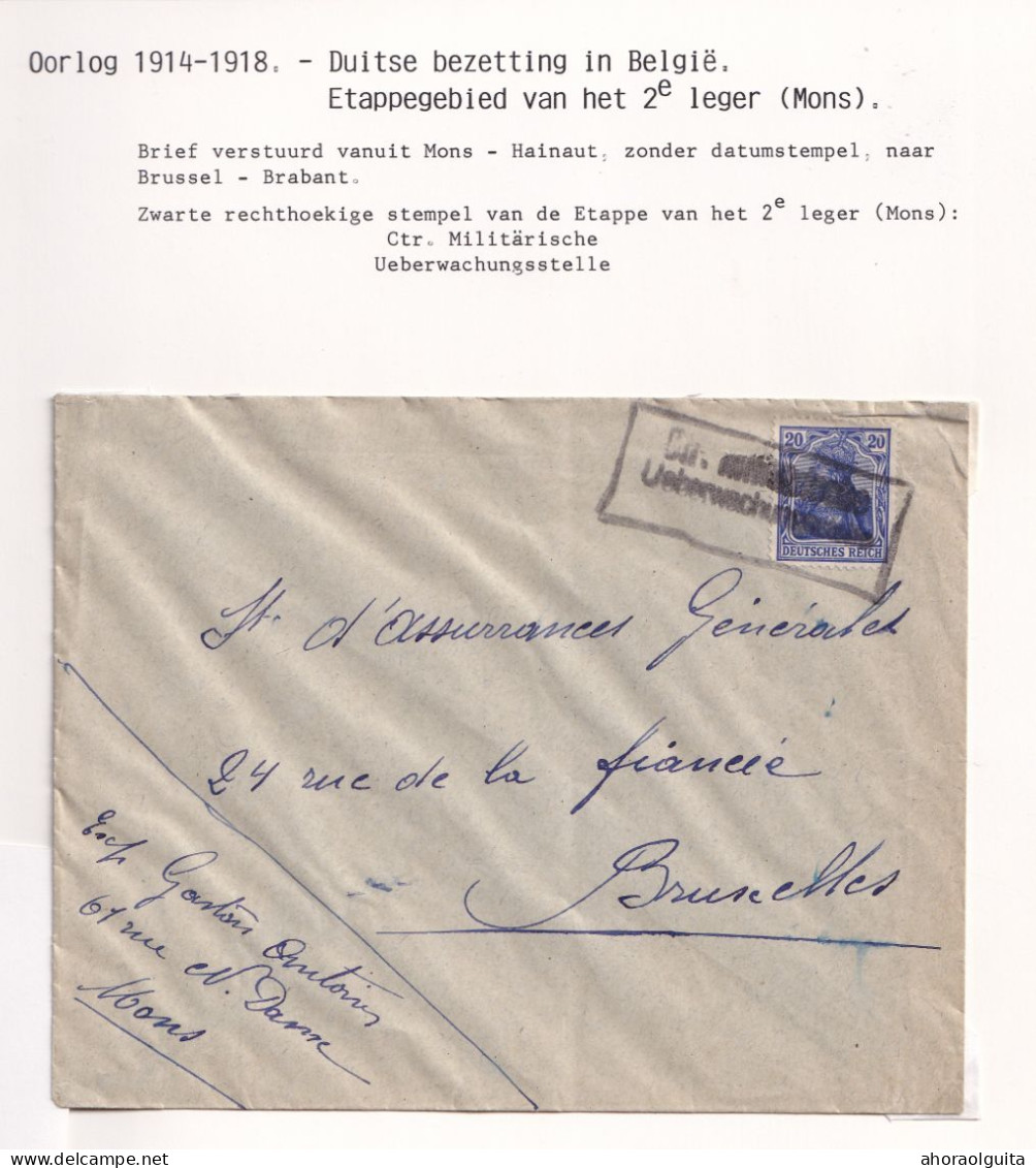 DDEE 819 -- Enveloppe TP Germania NON SURCHARGE - Annulation Par La Censure De MONS - Pas De Cachet à Date (RARE) - OC26/37 Territoire Des Etapes