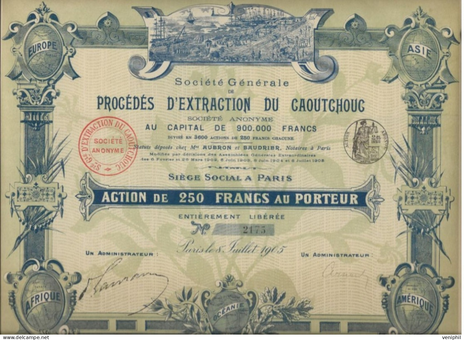 SOCIETE DE PROCEDES D'EXTRACTION DU CAOUTCHOUC - ACTION ILLUSTREE DE 250 FRS- - ANNEE 1905 - Agriculture