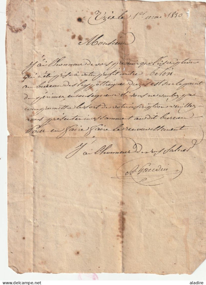 1830 - Marque Postale UZES, Gard sur lettre pliée avec correspondance vers GATTIGUES