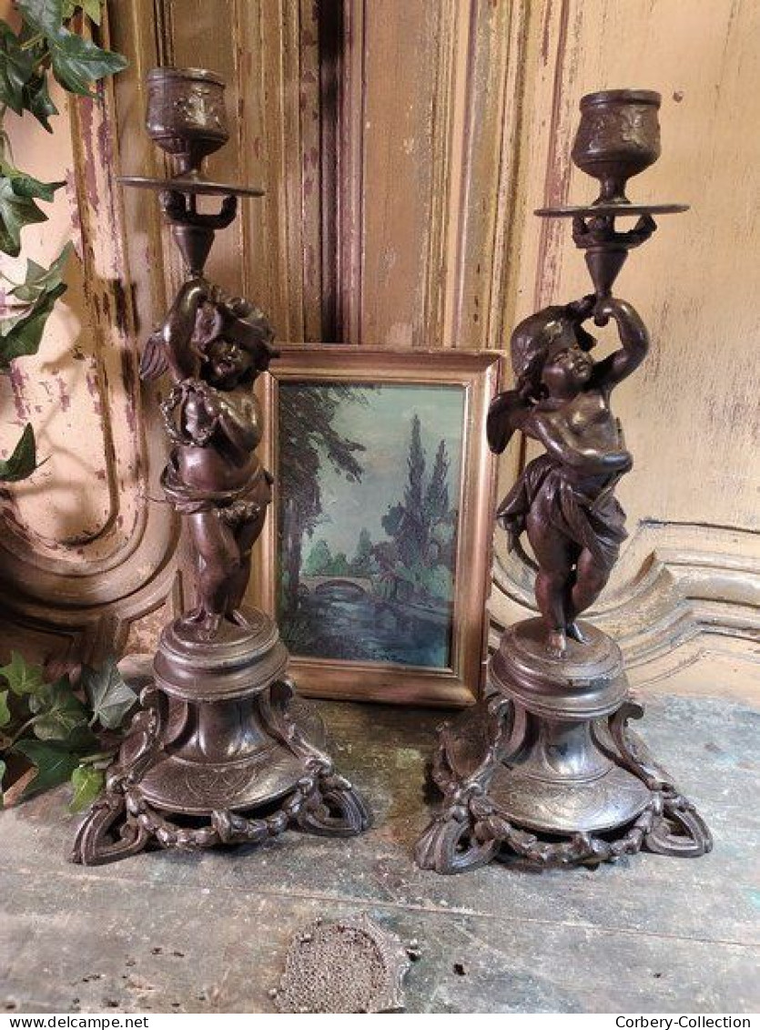 Anciens Bougeoirs Chandelier Régule Angelots Cupidon Anges / Candlestick - Chandeliers, Candelabras & Candleholders