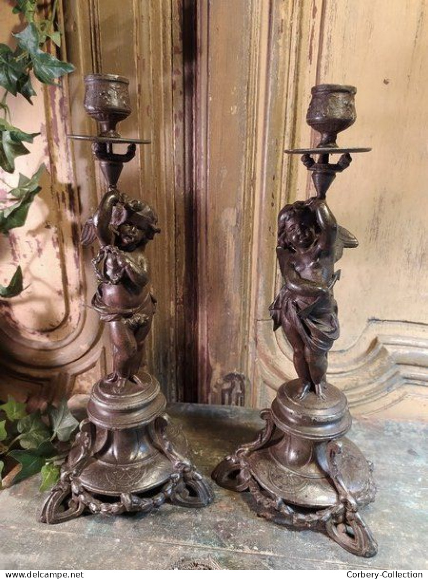 Anciens Bougeoirs Chandelier Régule Angelots Cupidon Anges / Candlestick - Candelabri E Candelieri