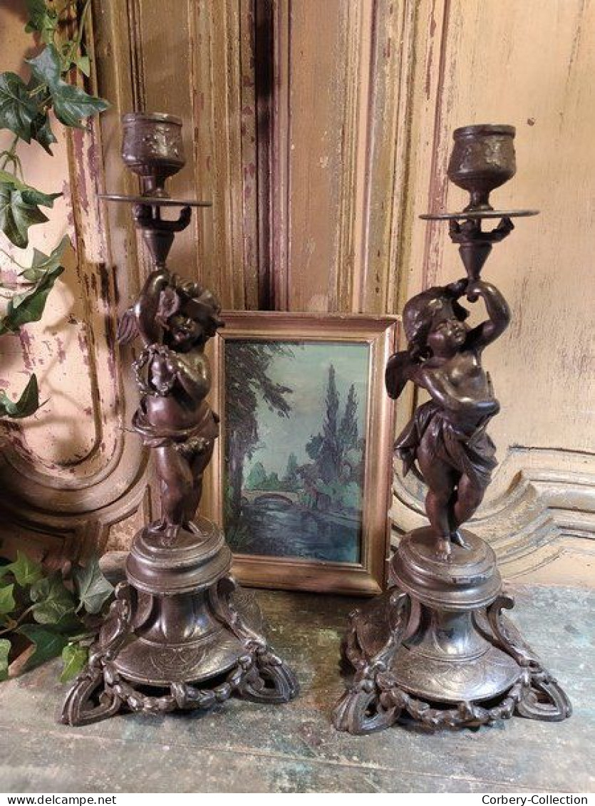 Anciens Bougeoirs Chandelier Régule Angelots Cupidon Anges / Candlestick - Chandeliers, Candelabras & Candleholders