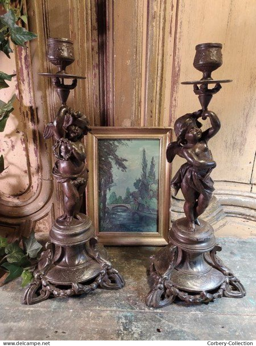 Anciens Bougeoirs Chandelier Régule Angelots Cupidon Anges / Candlestick