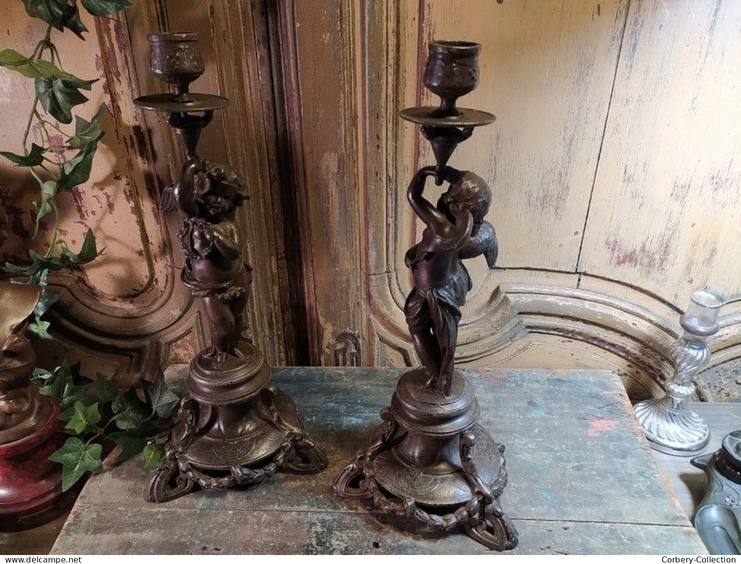 Anciens Bougeoirs Chandelier Régule Angelots Cupidon Anges / Candlestick