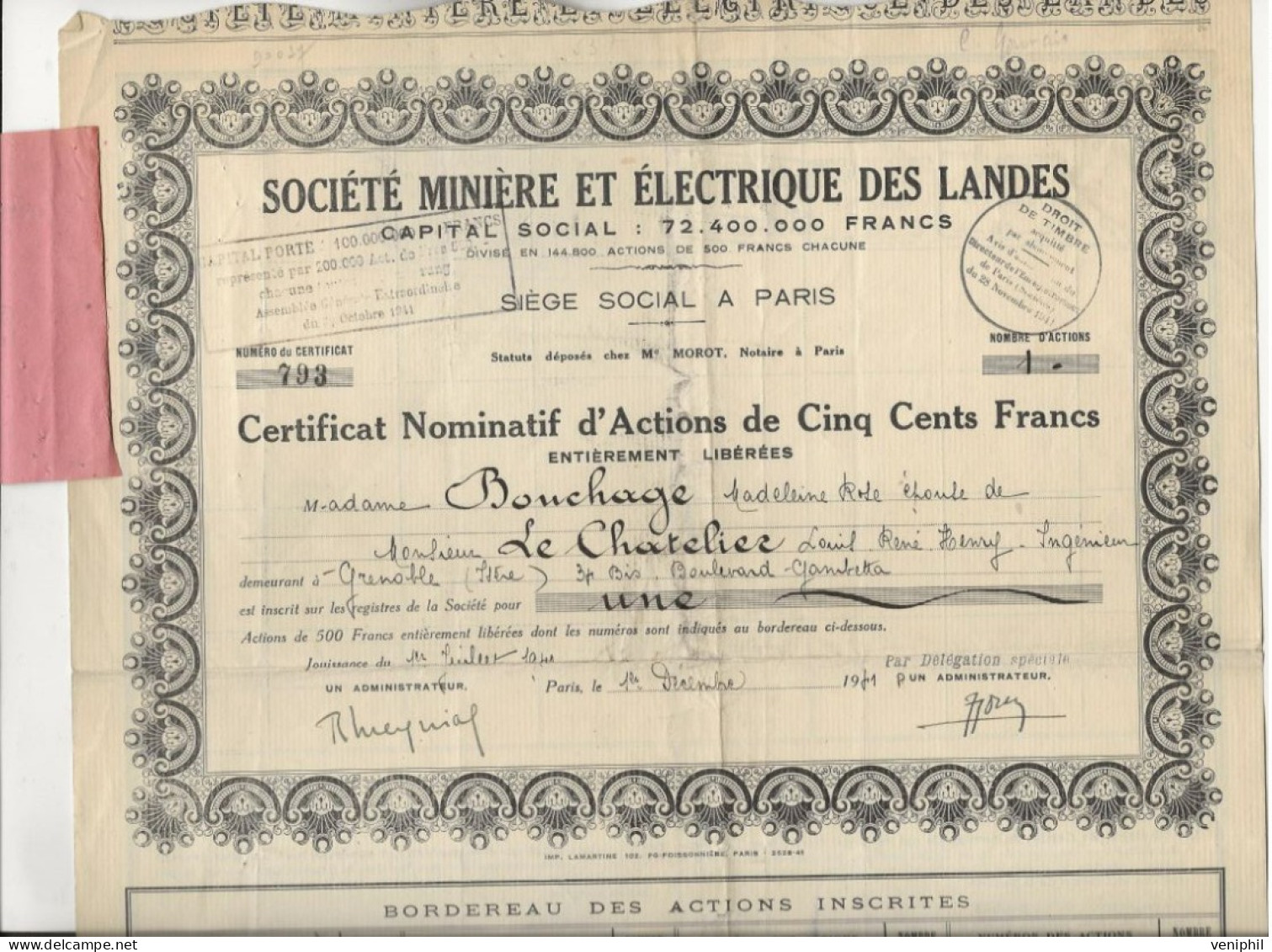 SOCIETE MINIERE ET ELECTRIQUE  DES LANDES - CERTIFICAT NOMINATIF D'ACTIOND 500 FRS - ANNEE 1941 - Mijnen