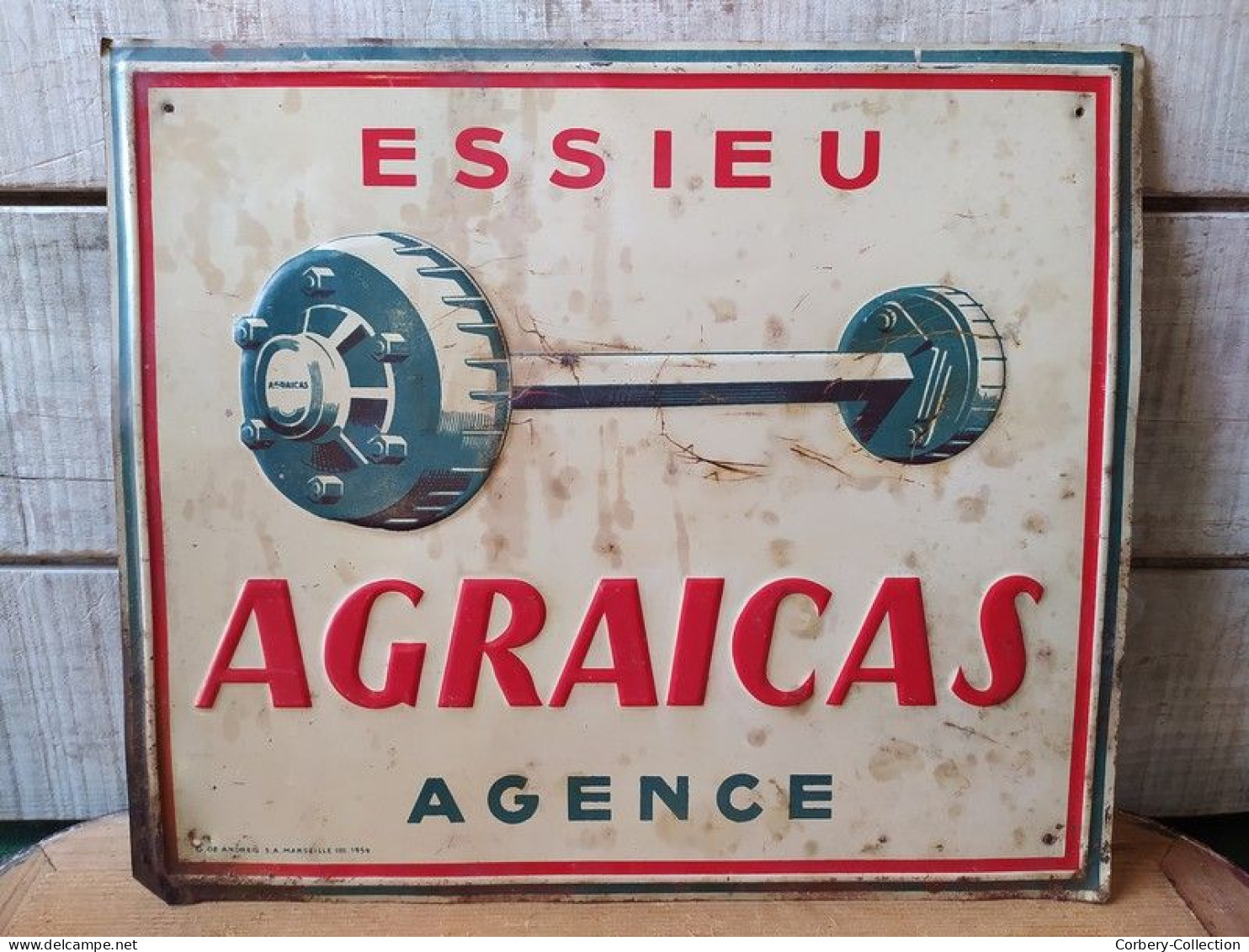 Ancienne Plaque Tôle Publicitaire Essieu Agraicas Agence Marseille 1954 - Automobil