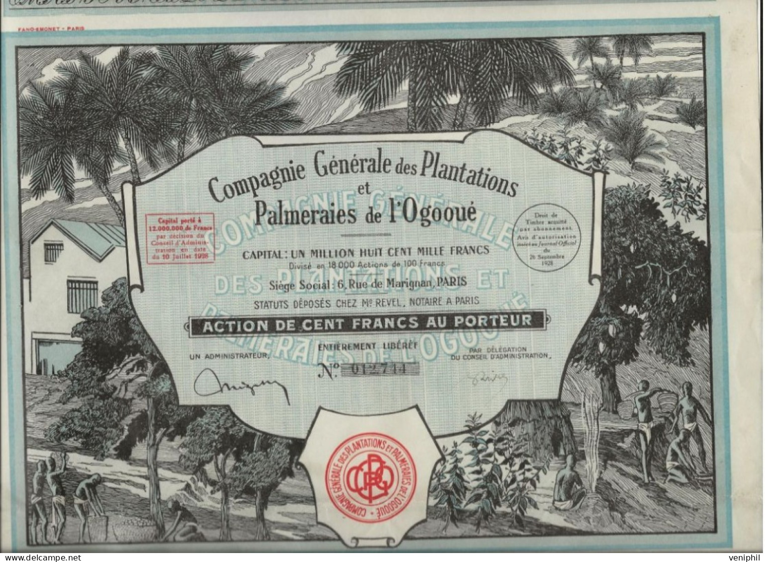 COMPAGNIE GENERALE DES PLANTATIONS ET PALMERAIES DE L'OGOOUE - ACTION ILLUSTREE DE 100 FRS - ANNEE 1928 - Afrique
