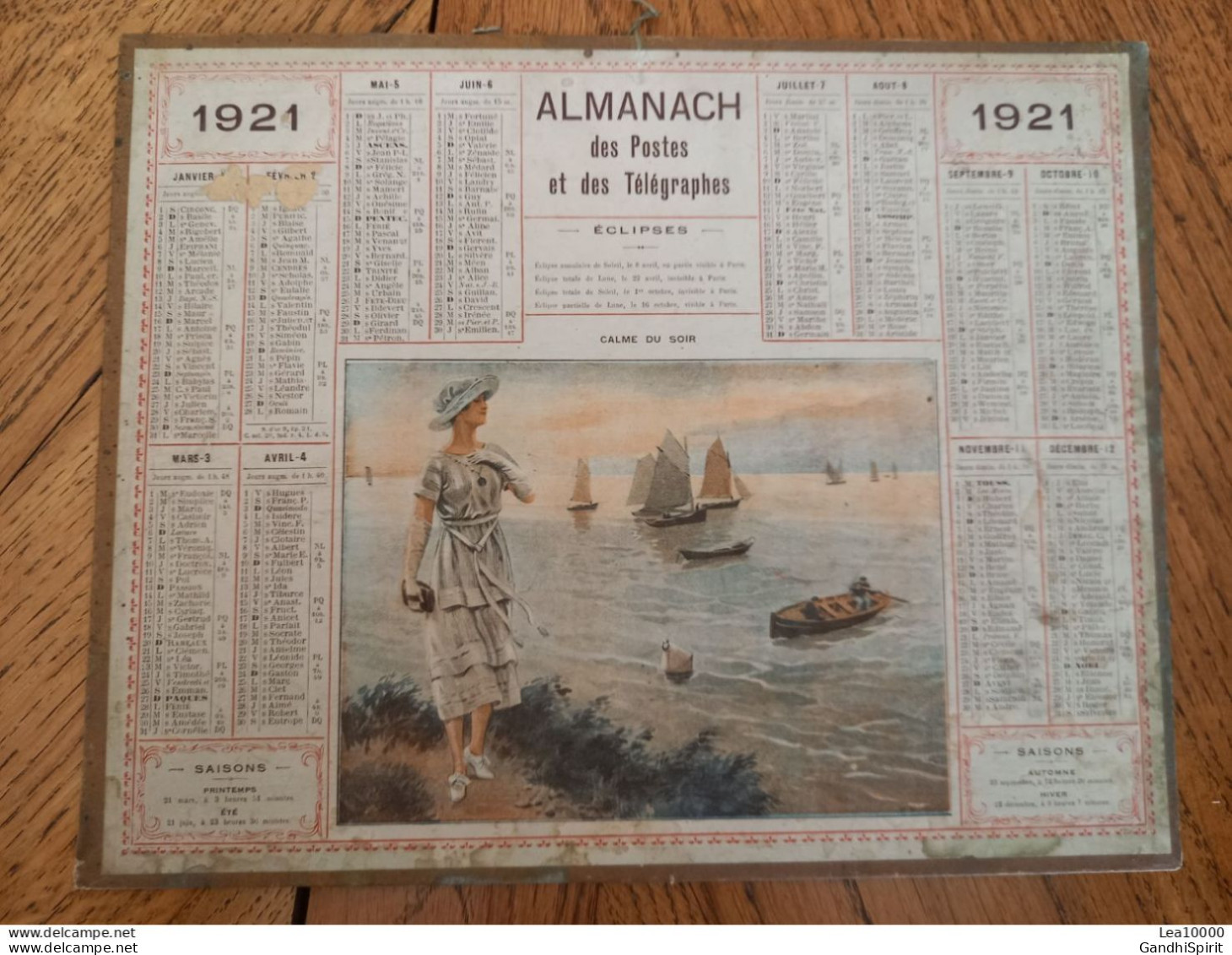 1921 Calendrier Du Département De L'Aube - Calme Du Soir, Bateaux Voiliers, Élégante Au Chapeau - Tamaño Grande : 1921-40
