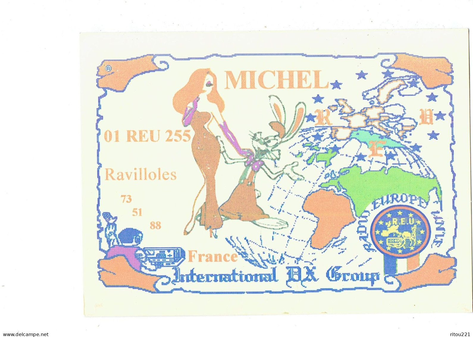 Carte QSL Radio Amateur MICHEL 01 REU 255 - Ravilloles Jura - DX Group - Illustration Pin'up Lapin -- 1994 - Altri & Non Classificati