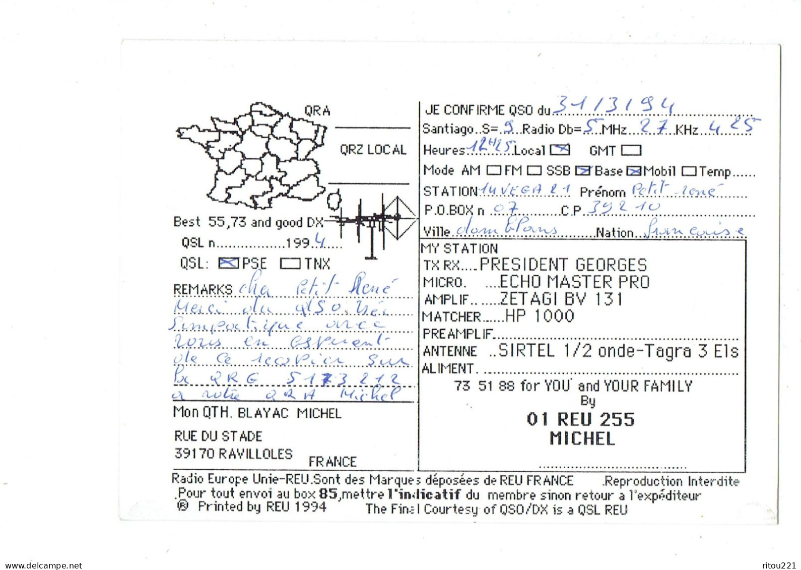 Carte QSL Radio Amateur MICHEL 01 REU 255 - Ravilloles Jura - DX Group - Illustration Pin'up Lapin -- 1994 - Other & Unclassified