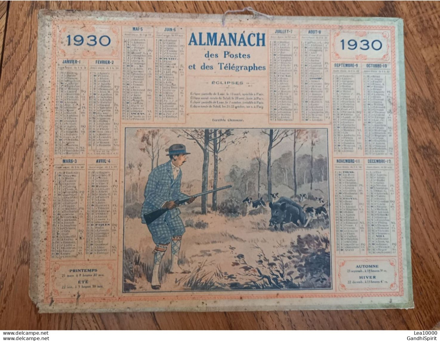 1930 Calendrier Du Département De L'Aube - Terrible Chasseur, Fusil, Chien, Sanglier - Tamaño Grande : 1921-40