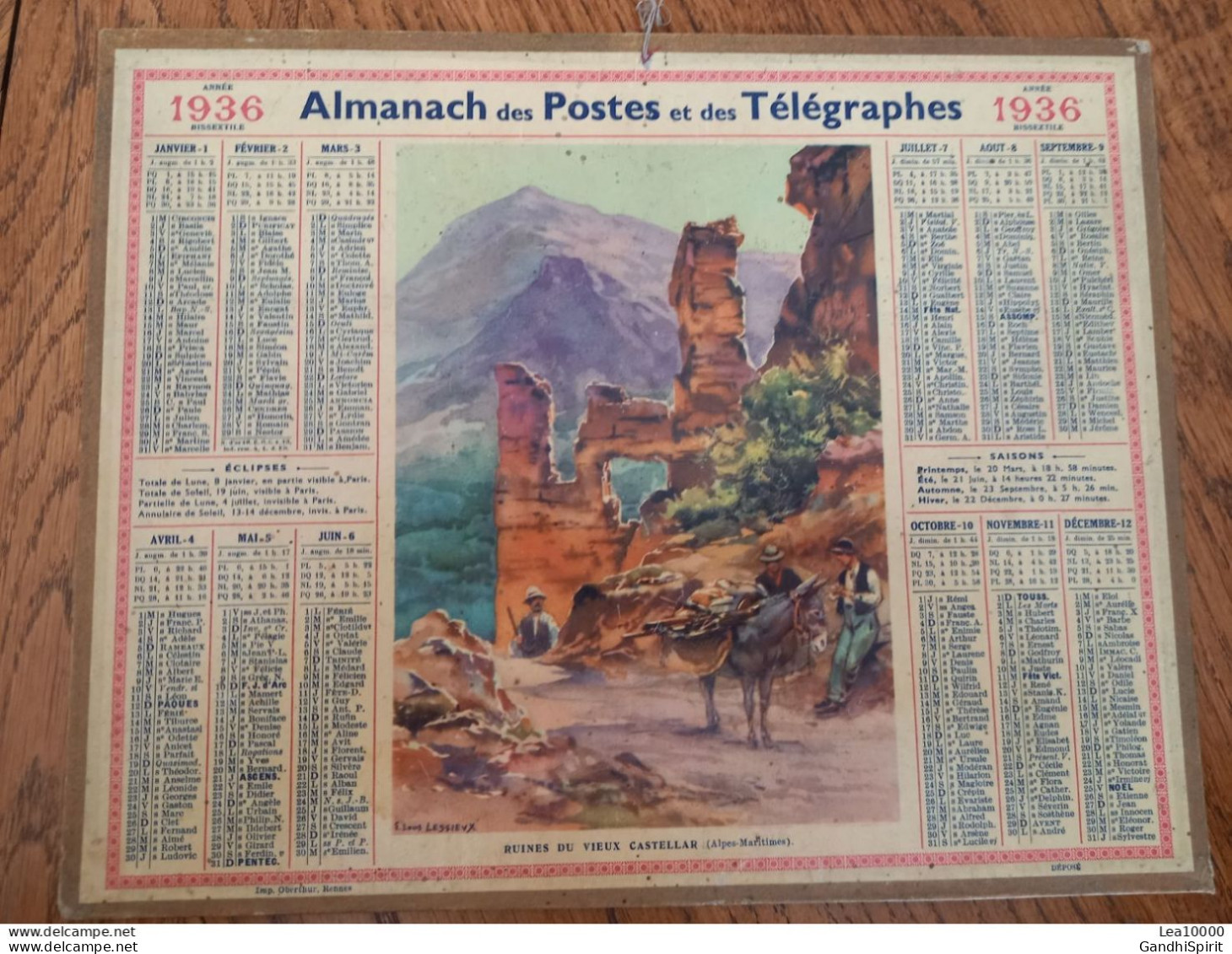 1936 Calendrier Du Département De L'Aube - Ruines Du Vieux Castellar (Alpes Maritimes) Âne - Louis Lessieux Illustrateur - Groot Formaat: 1921-40