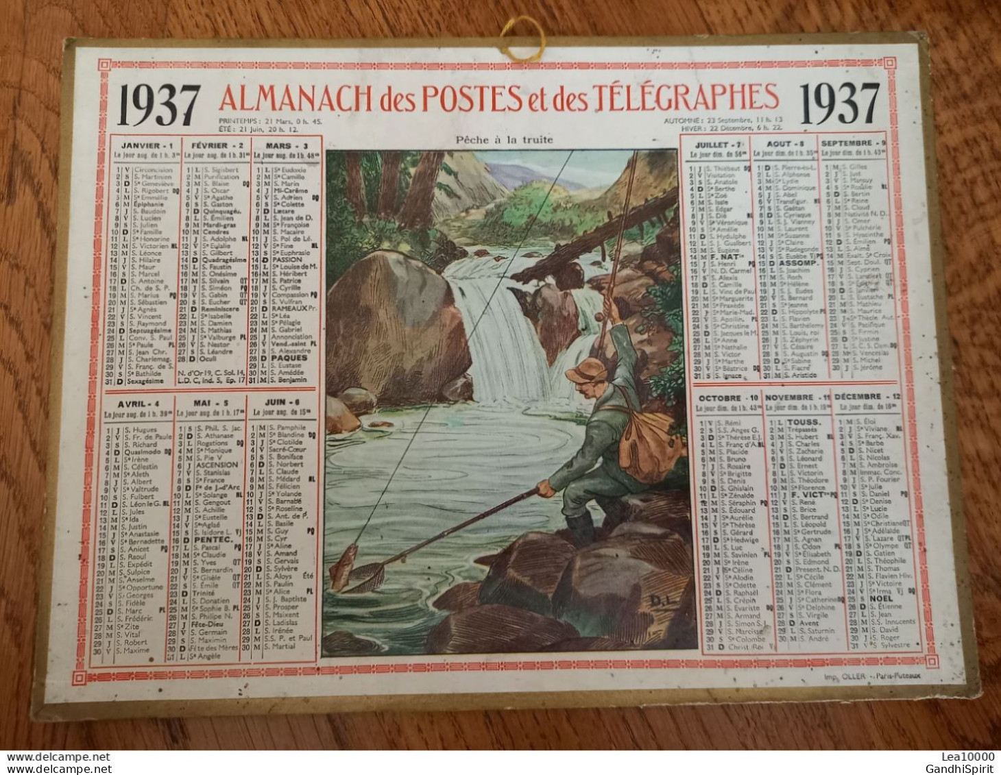 1937 Calendrier Du Département De L'Aube - Pêche à La Truite, à La Mouche, Pécheur - D.L. Illustrateur - Grossformat : 1921-40