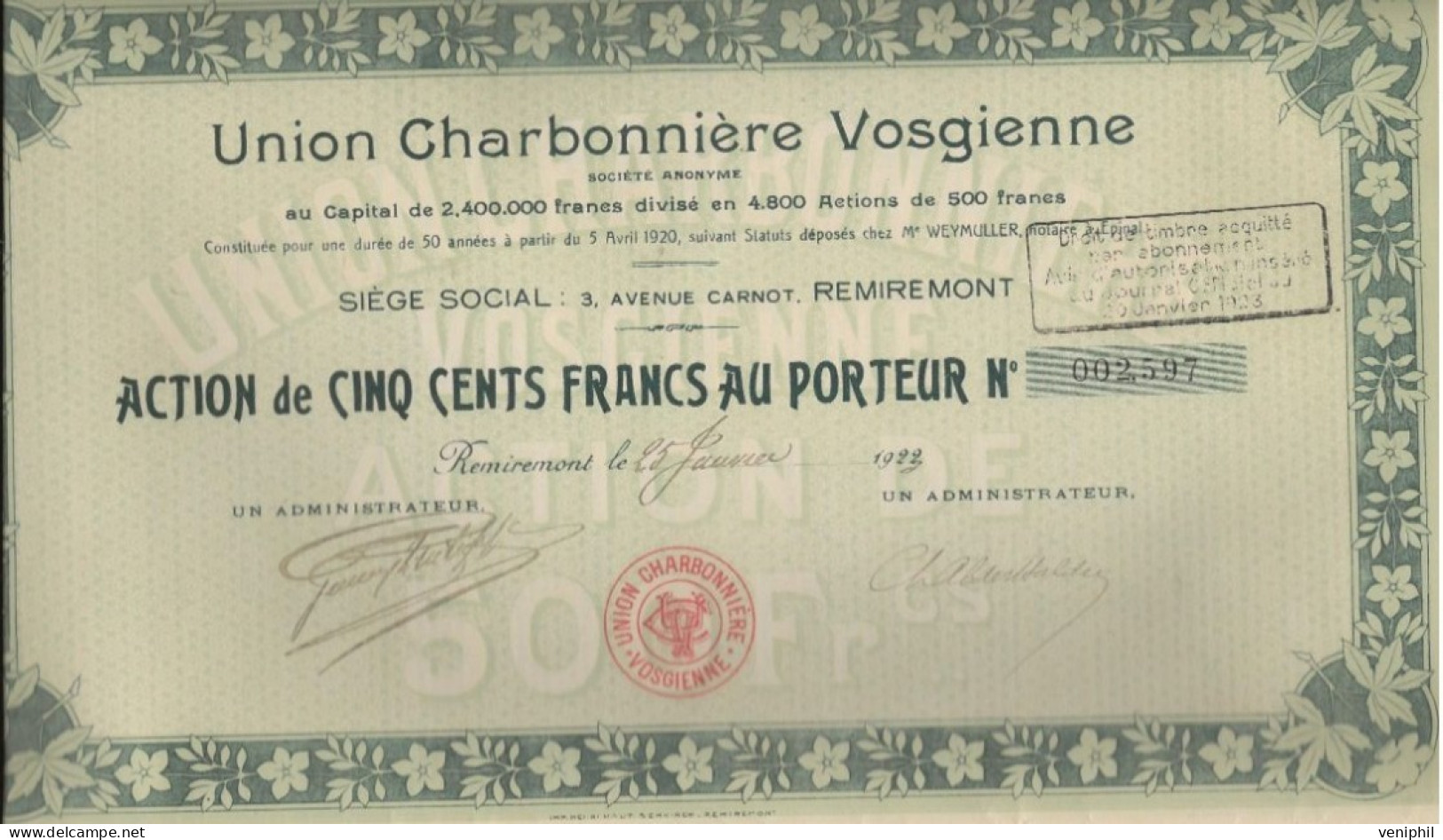 UNION CHARBONNIERE VOSGIENNE - LOT DE 4 ACTIONS DE CINQ CENT FRANCS -DIVISE EN 4800 ACTIONS - ANNEE 1922 - Bergbau