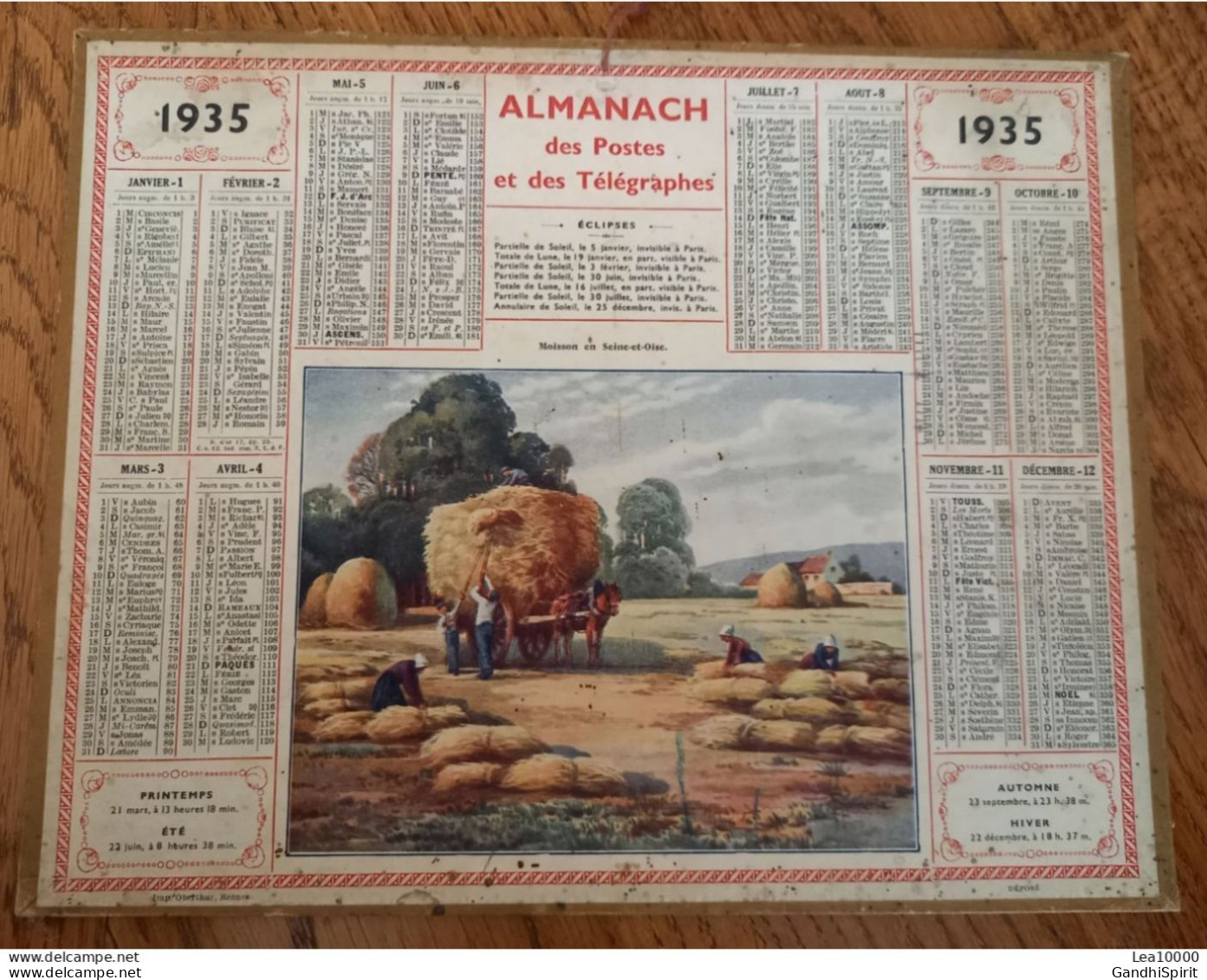 1935 Calendrier Du Département De L'Aube - Moisson En Seine Et Oise, Attelage - Fournerie Illustrateur - Formato Grande : 1921-40