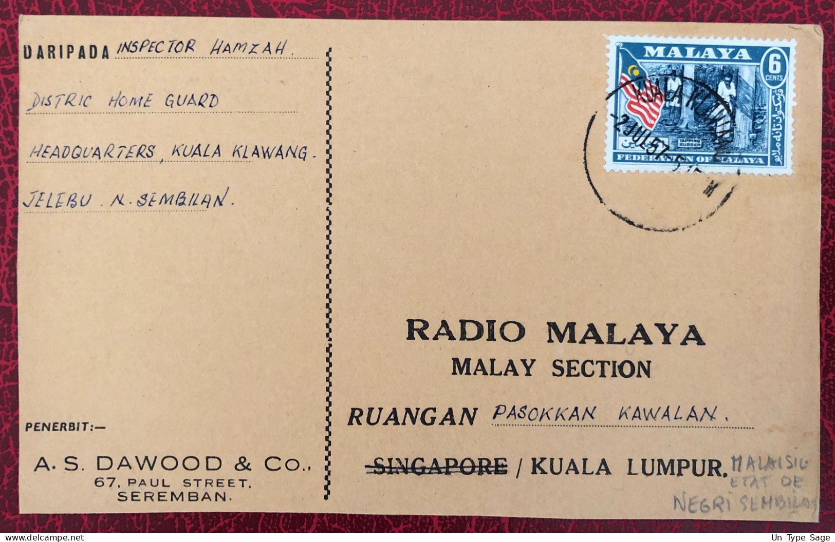 Malaisie, Divers Sur Carte De Kuala Klawang 2.7.1957 - (B3056) - Malaysia (1964-...)