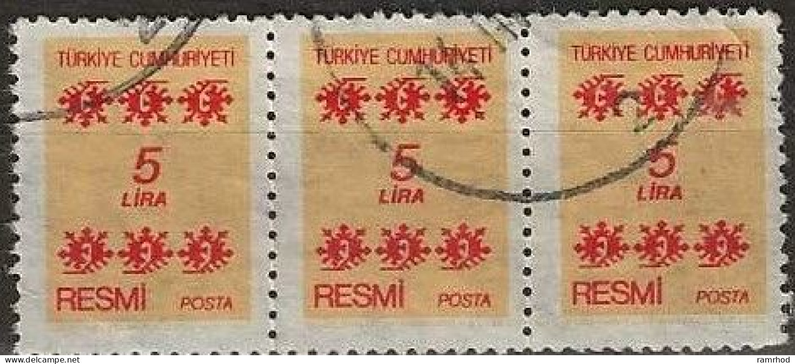 TURKEY 1981 Official - 5l. - Red And Yellow FU BLOCK OF THREE - Francobolli Di Servizio