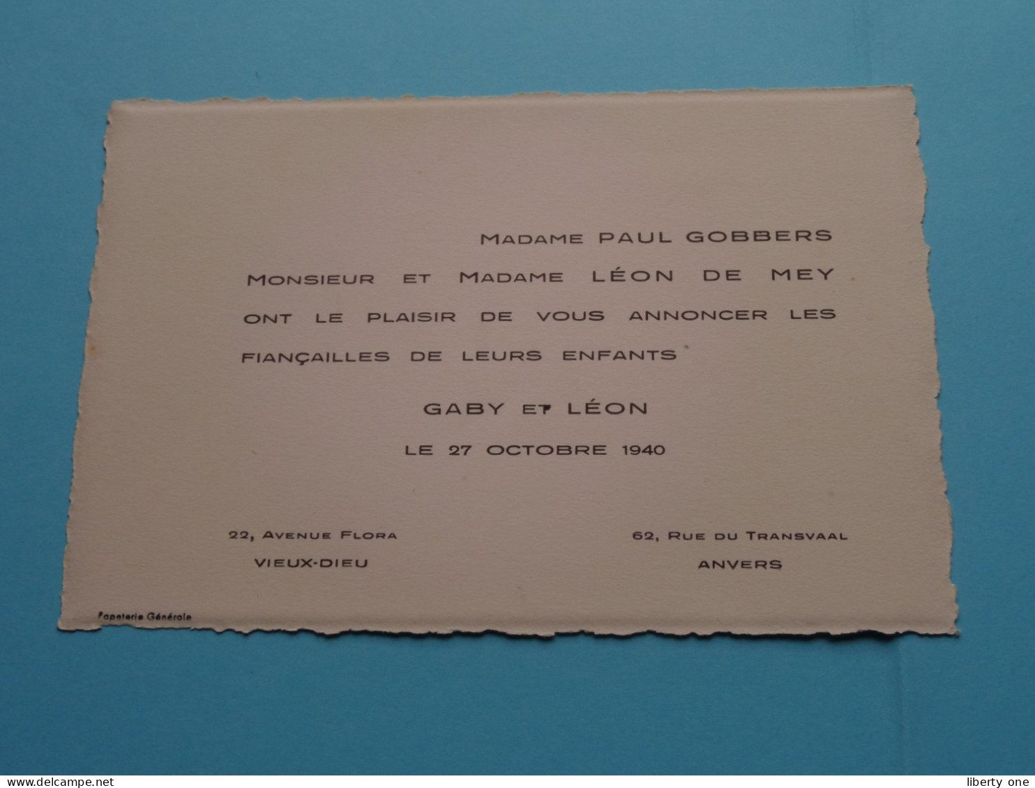 GABY Et LEON ( Vieux-Dieu / Anvers ) Gobbers / De Mey ( Fiançailles ) 27 Oct 1940 ( Zie / Voir SCANS ) ! - Fiançailles