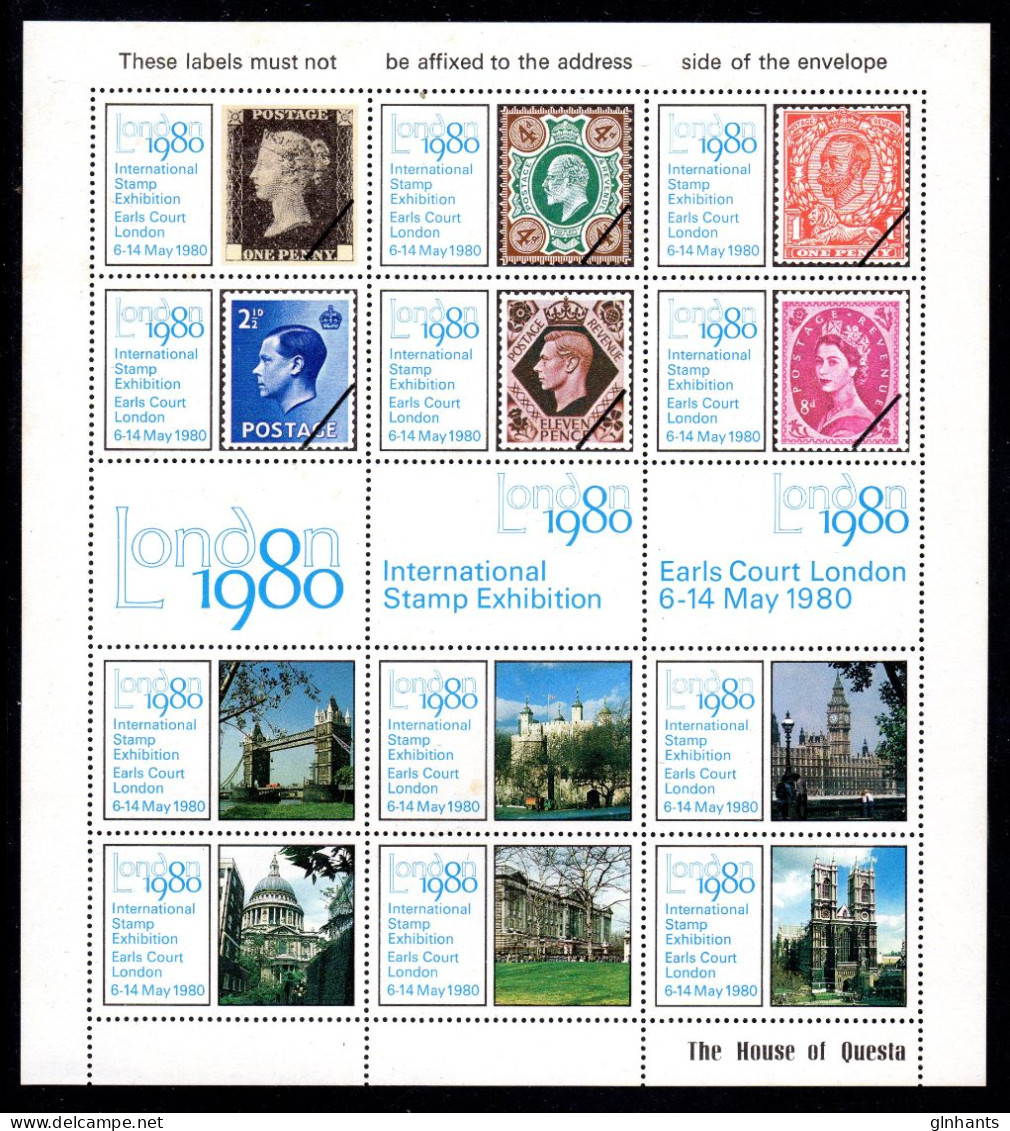 GREAT BRITAIN - 1980 QUESTA STAMP EXHIBITION SOUVENIR SHEET FINE MNH ** SG UNLISTED - Ensayos, Pruebas & Reimpresiones