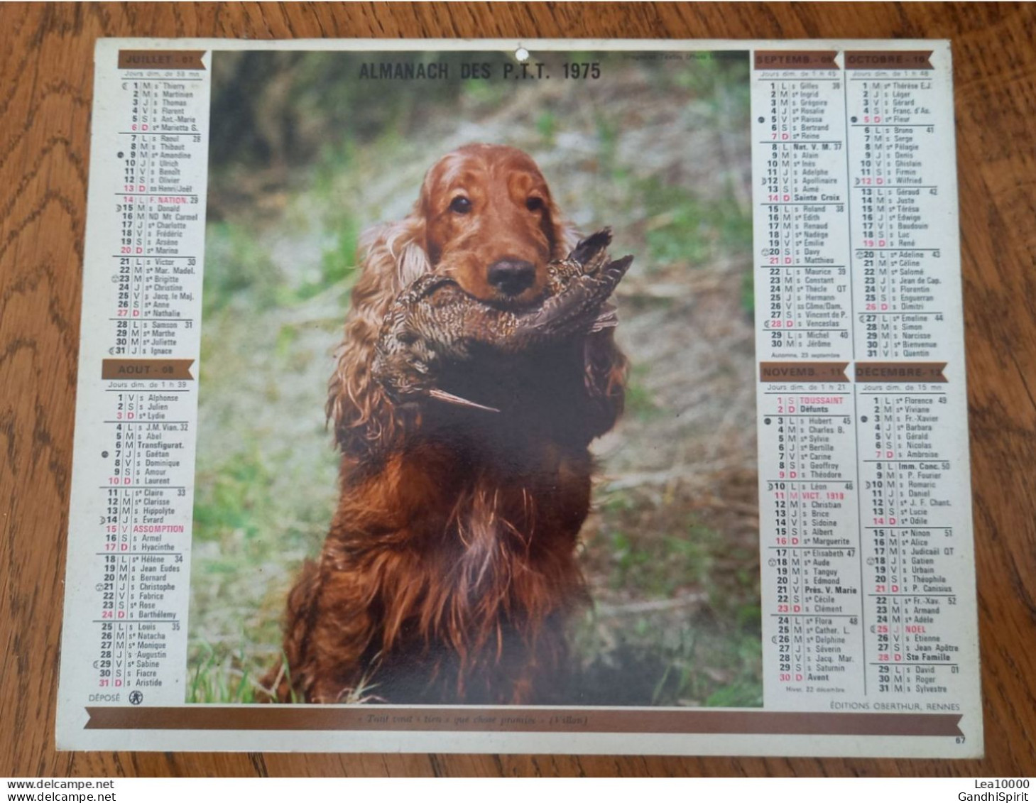 1975 Calendrier Du Département De L'Aube - Saint Amant, Chasseur, Chien - Tant Vaut "tien" Que Chose Promise (Villon) - Grand Format : 1971-80