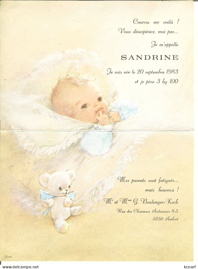 Grand Faire-part De Néssance D'ANTHEIT De Sandrine Boulenger 1983 - Birth & Baptism