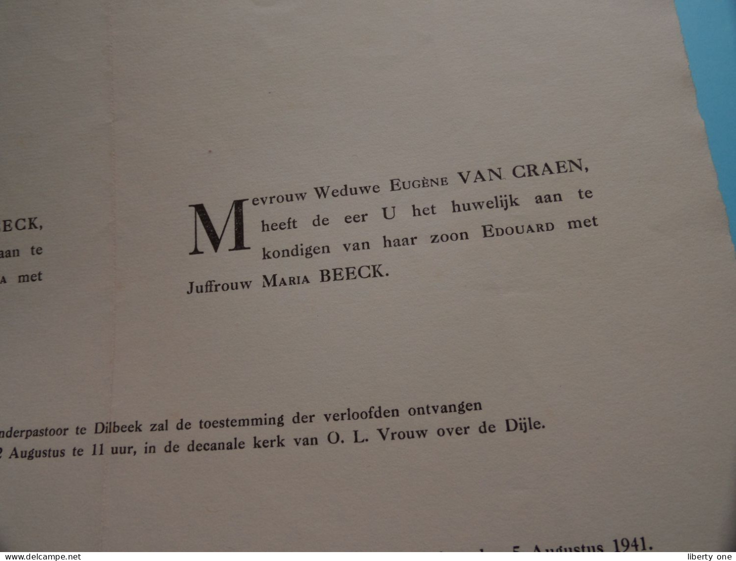 Maria BEECK & Edouard VAN CRAEN ( Huwelijk ) 12 Augustus 1941 ( Zie / Voir SCANS ) Mechelen ! - Mariage