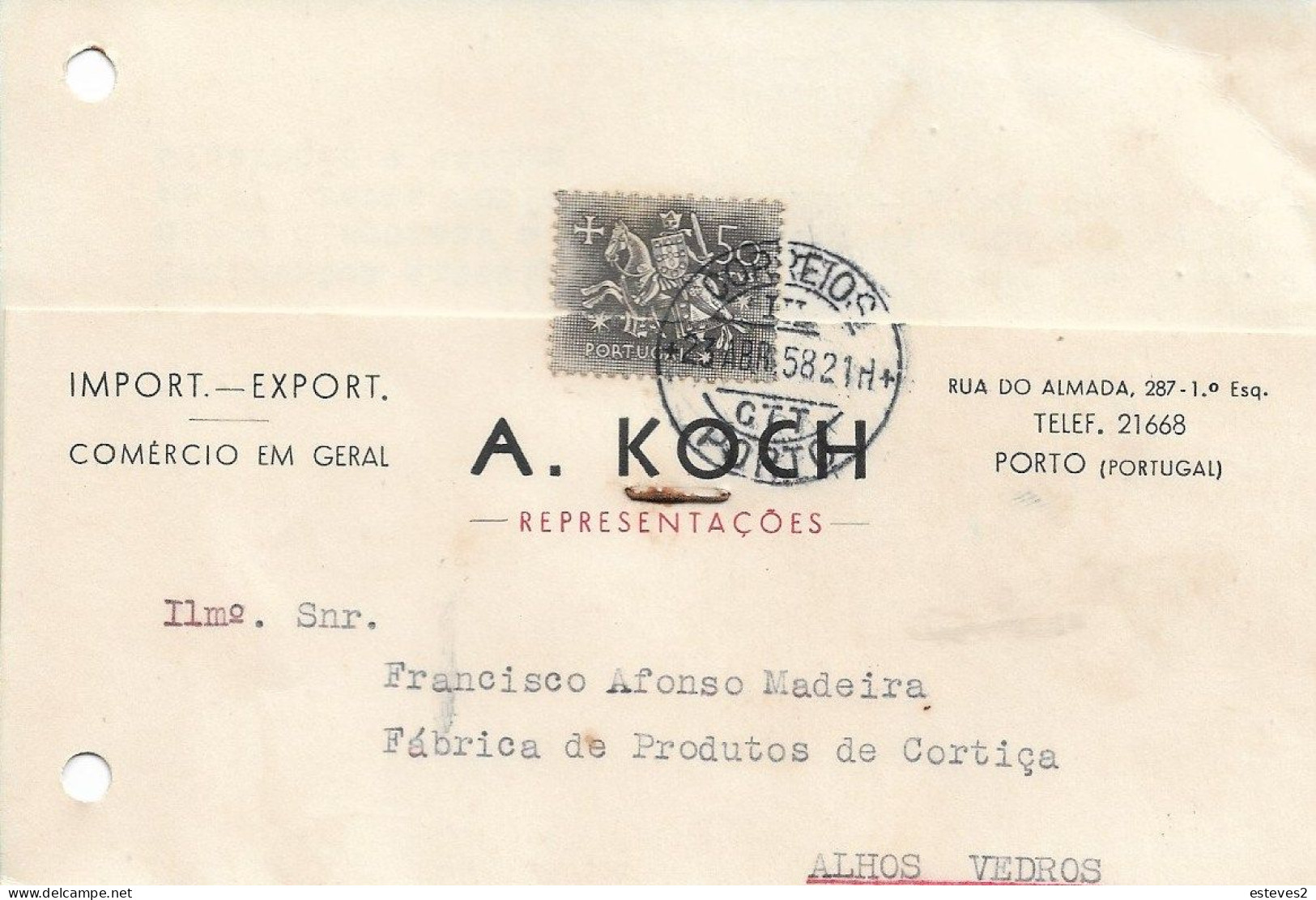 Portugal , 1958 . A. KOCH REPRESENTAÇÕES , Porto , Import Export Commercial Mail - Portogallo