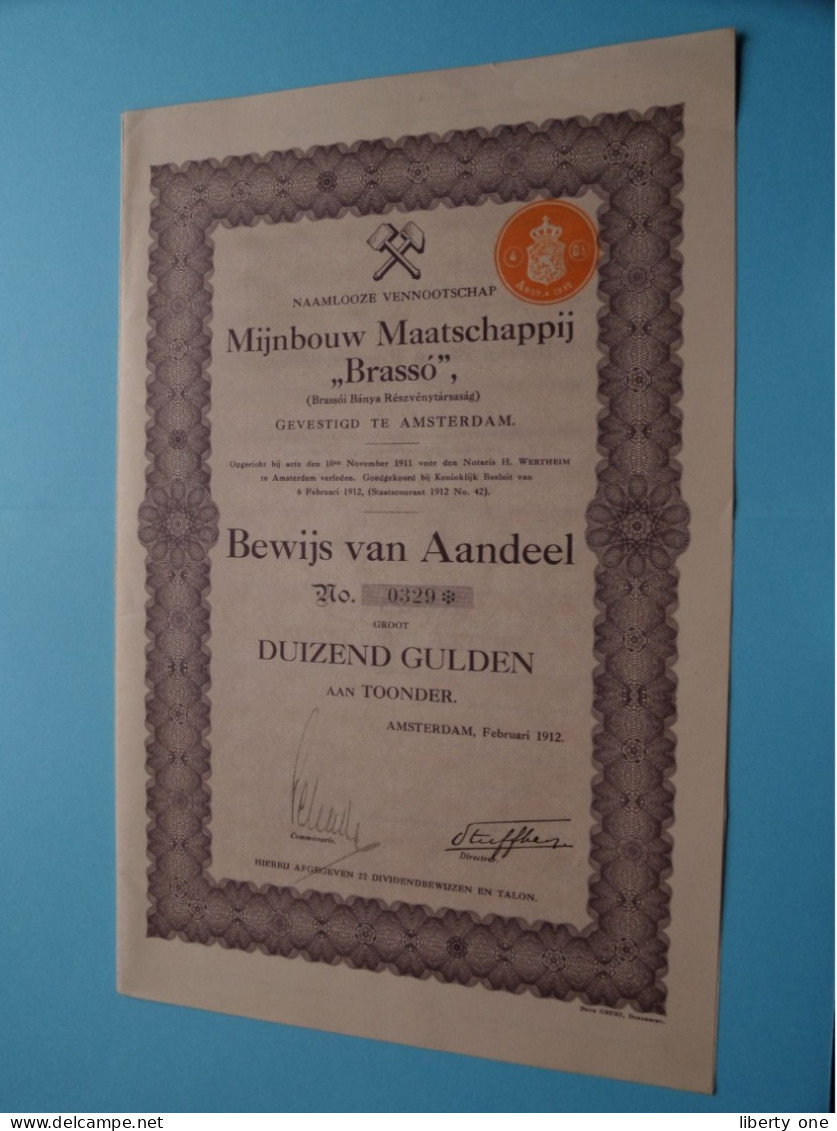 Bewijs Van Aandeel N° 0329 DUIZEND GULDEN Aan Toonder MIJNBOUW Maatschappij " Brassó " Amsterdam 1912 ( Zie SCANS ) ! - Mines