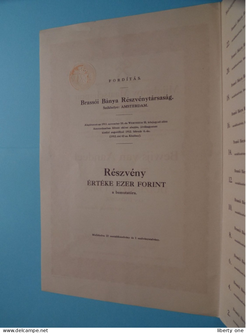 Bewijs Van Aandeel N° 0329 DUIZEND GULDEN Aan Toonder MIJNBOUW Maatschappij " Brassó " Amsterdam 1912 ( Zie SCANS ) ! - Mines