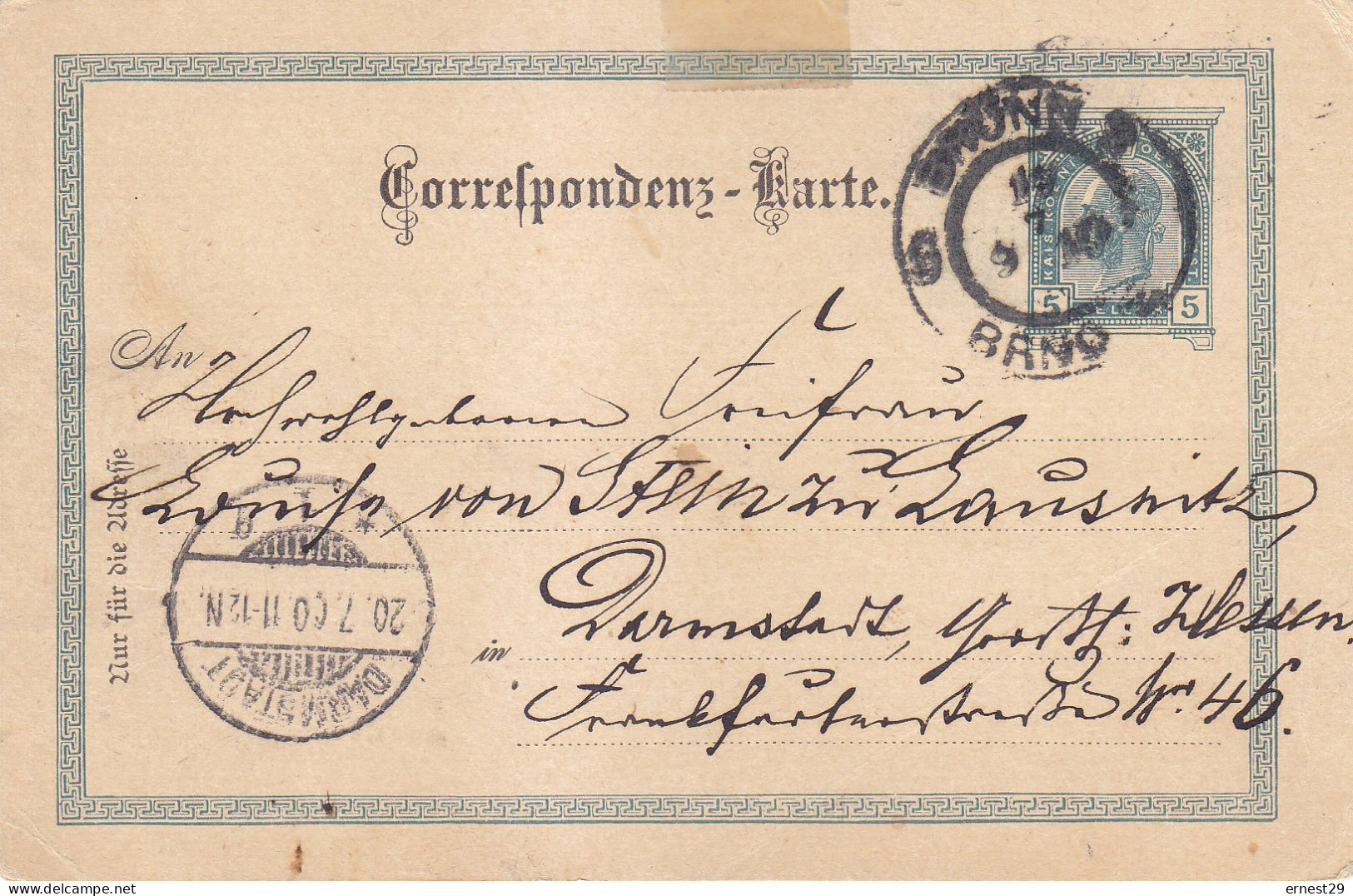 Carte Postale De BRNO Tchequie Du 20 Juillet 1900 Pour Darmstadt - ...-1918 Vorphilatelie