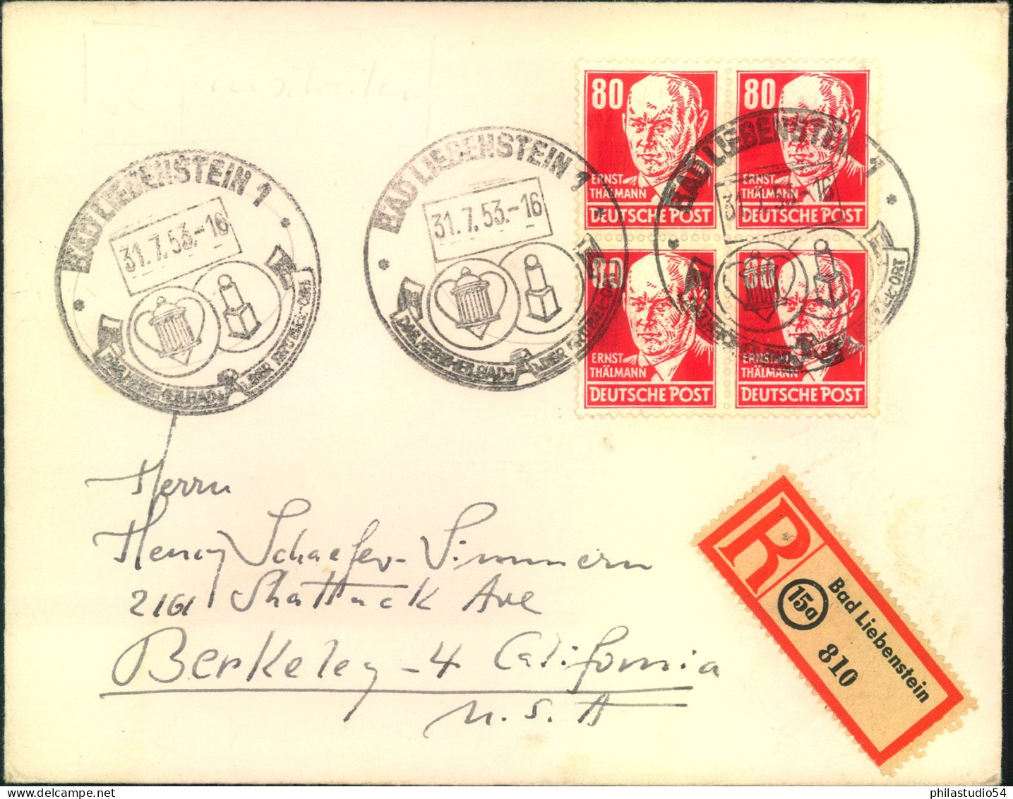 1954, 80 Pf. Thählmann Rot Im Viererblock Auf Einschreiben Nach USA. Ankunftsstempel Auf Der Rückseite. - Other & Unclassified