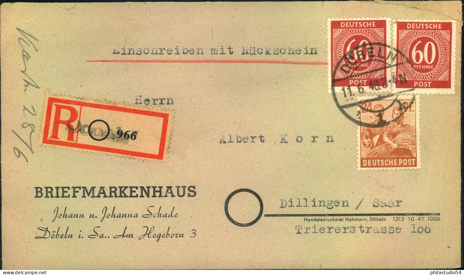 1948, Einschreiben Mit Rückschein Aus Döbeln, Sachsen - Autres & Non Classés