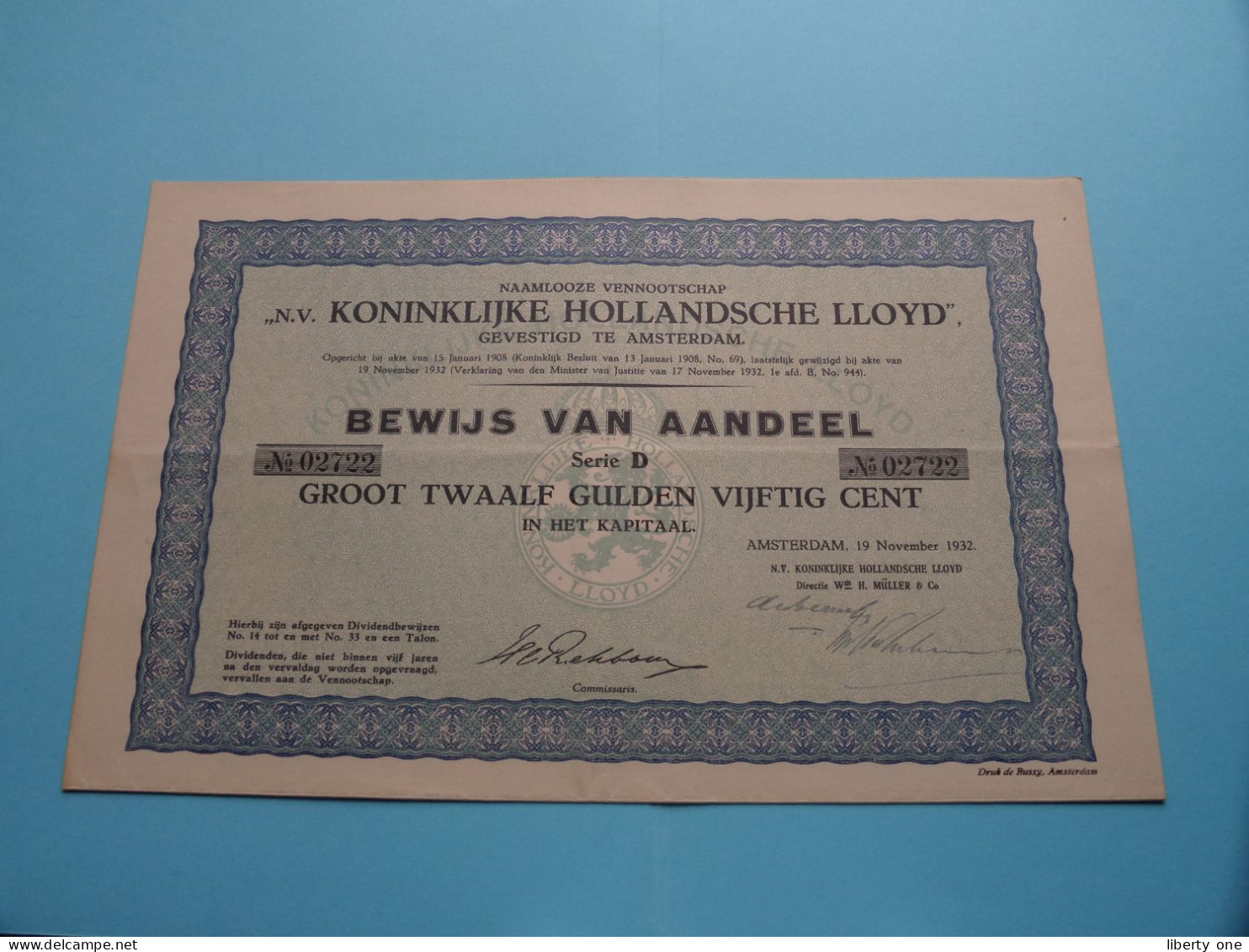 Bewijs Van Aandeel N° 02722 Serie D Groot 12,50 Gulden " KONINKLIJKE HOLLANDSCHE LLOYD  " Amsterdam 1932 ( Zie SCANS ) ! - Navigazione