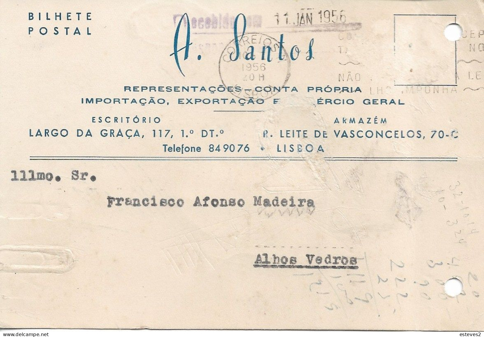 Portugal , 1956 , A. SANTOS REPRESENTAÇÕES , Lisboa , Import Export Commercial Mail - Portugal