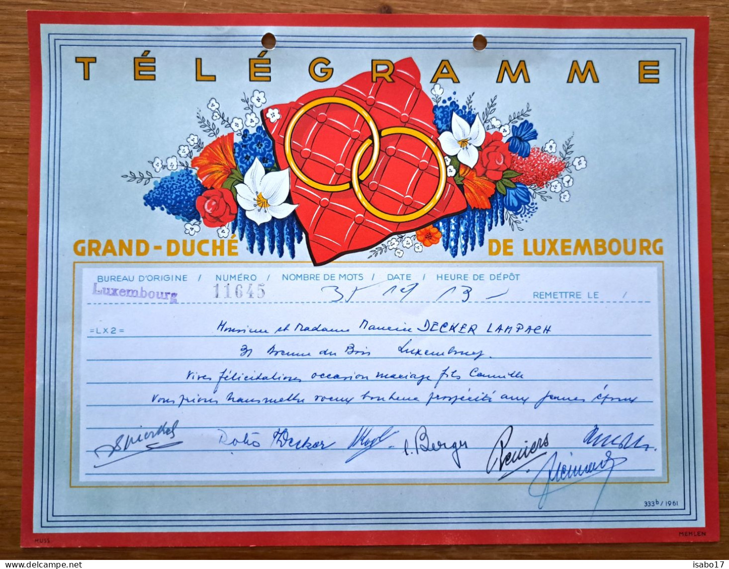 " Luxemburg " Telegramm  Von 1935 - Naissance & Baptême